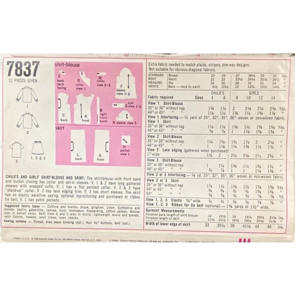 Vtg Simplicity 7837 Skirt Blouse Pattern 8 Girl 1968 Child Shirt Variation Retro - Picture 5 of 6
